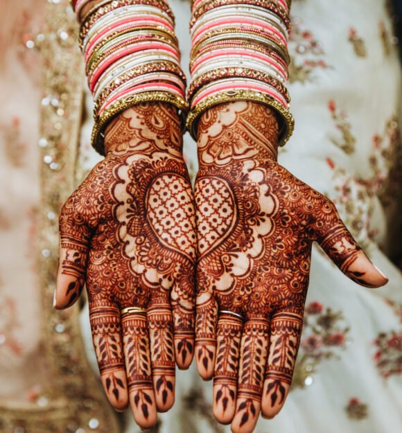 Indian wedding bangles and  mehandi henna coloured hands with 
reflective ornament